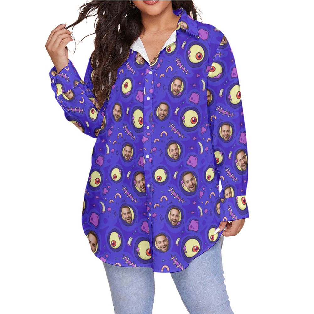 Funny Custom Face Halloween Zombie Skin Purple Hawaiian Plus Size Shirt For Women (1)