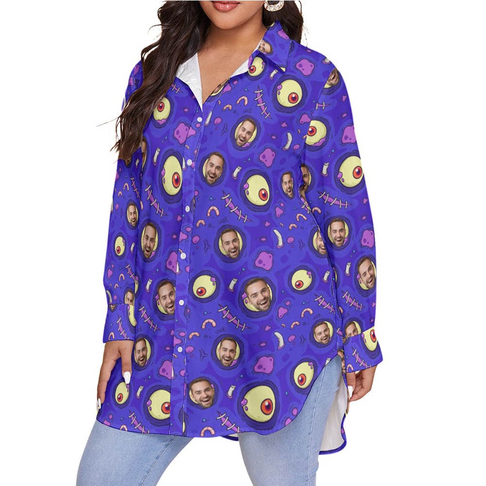 Funny Custom Face Halloween Zombie Skin Purple Hawaiian Plus Size Shirt For Women