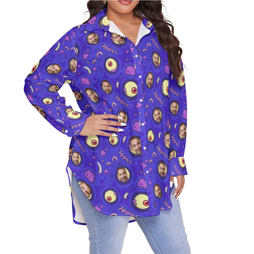 Funny Custom Face Halloween Zombie Skin Purple Hawaiian Plus Size Shirt For Women
