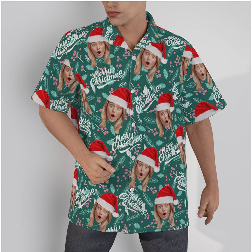 Funny Custom Face Merry Christmas Green Hawaiian Shirt