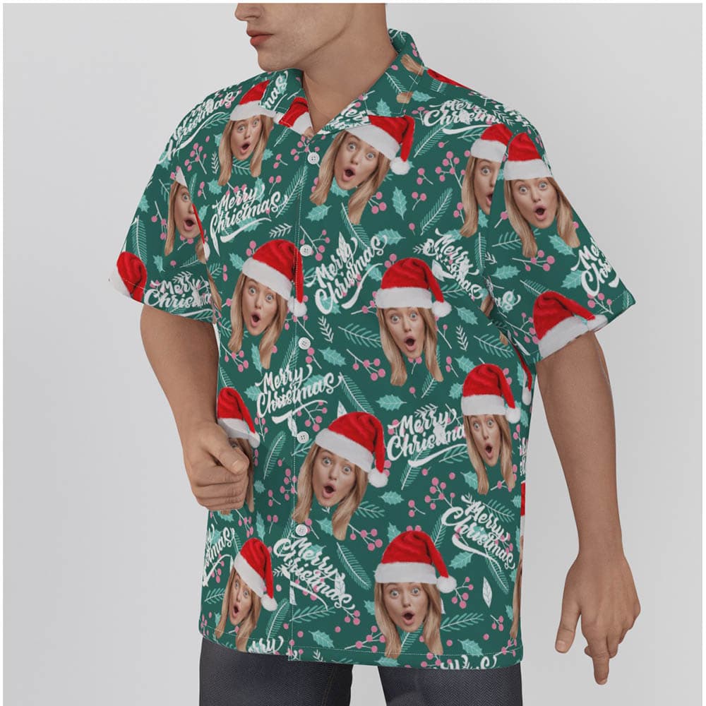 Funny Custom Face Merry Christmas Green Hawaiian Shirt