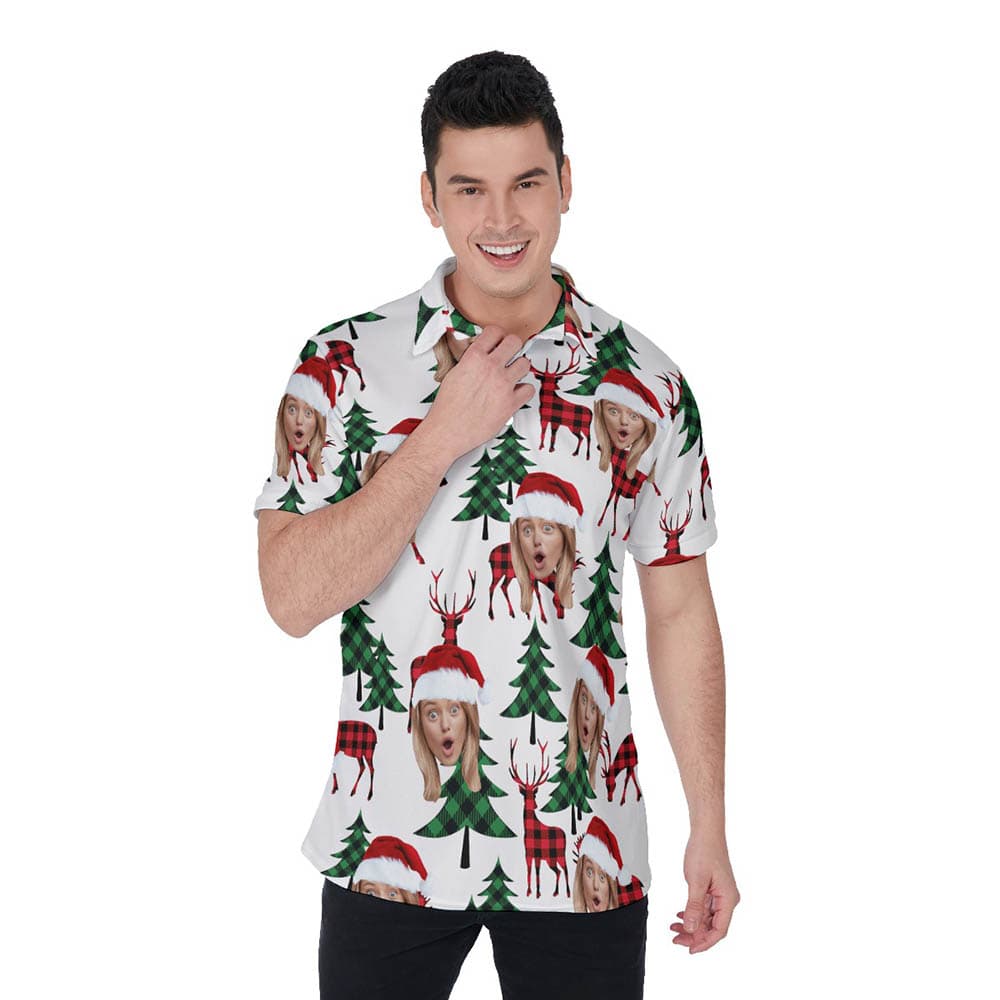 Funny Custom Face Merry Holly Xmas Hawaiian Polo Shirt For Men
