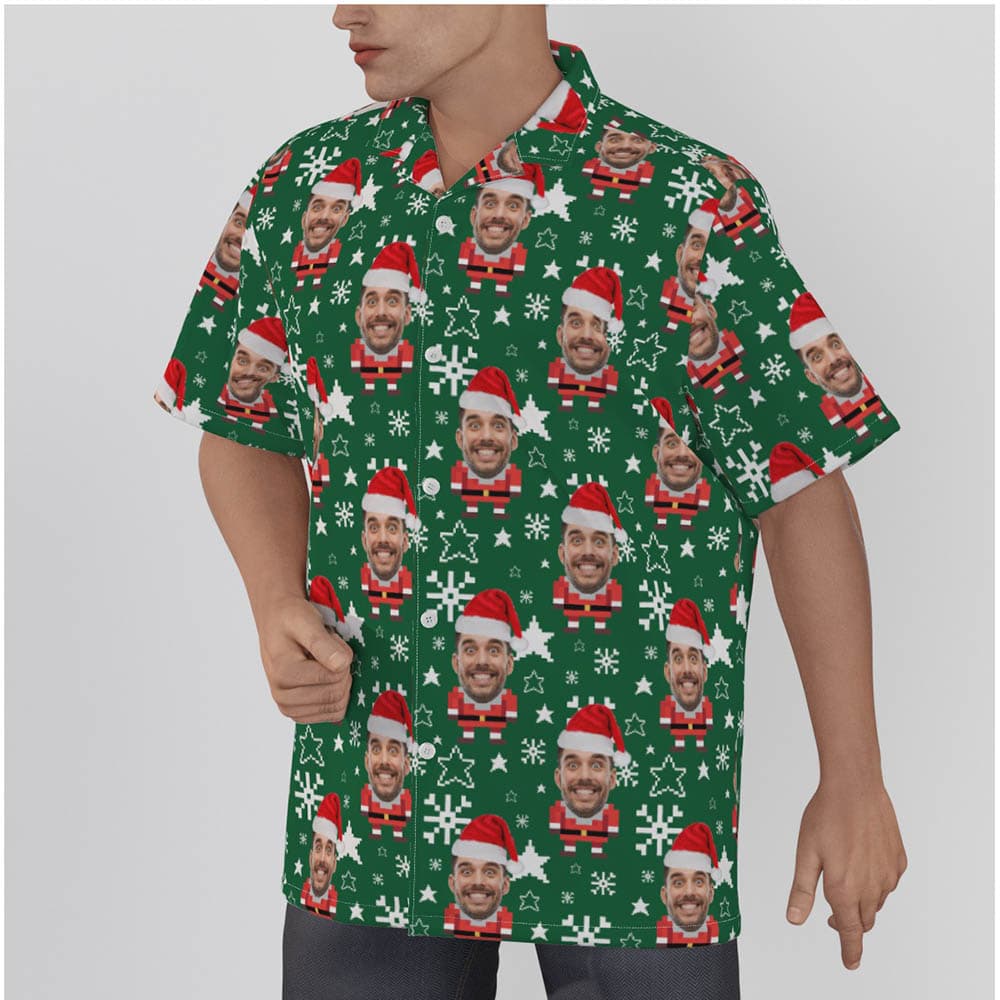 Funny Custom Face Pixel Art Santa Claus Christmas Green Hawaiian Shirt