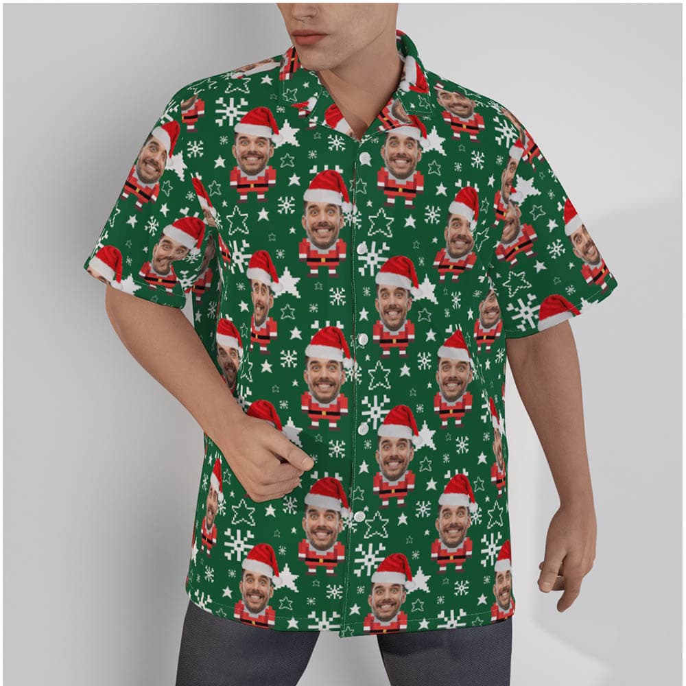 Funny Custom Face Pixel Art Santa Claus Christmas Green Hawaiian Shirt