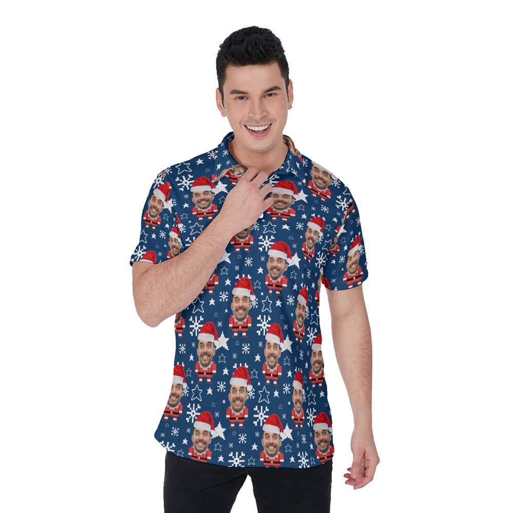 Funny Custom Face Santa Christmas Pixel Art Navy Hawaiian Polo Shirt