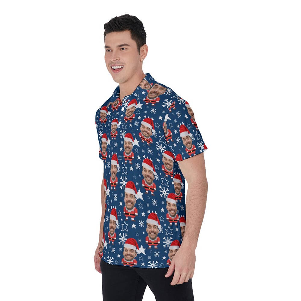 Funny Custom Face Santa Christmas Pixel Art Navy Hawaiian Polo Shirt
