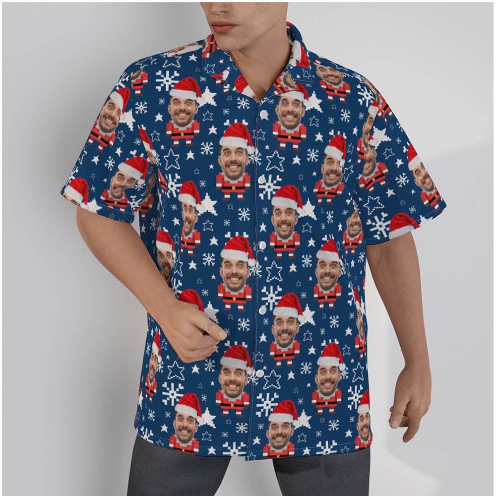 Funny Custom Face Santa Claus Pixel Art Christmas Men's Hawaiian Shirt
