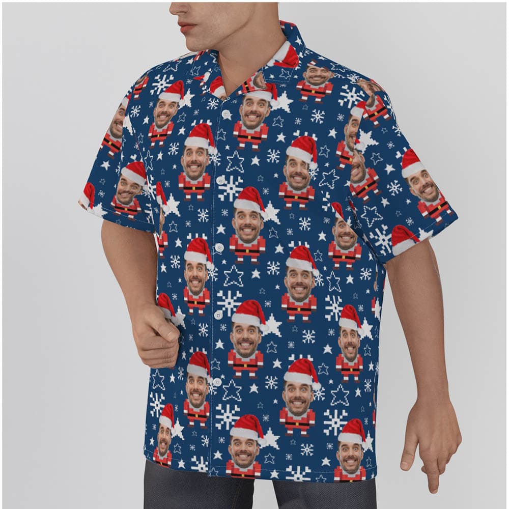 Funny Custom Face Santa Claus Pixel Art Christmas Men's Hawaiian Shirt