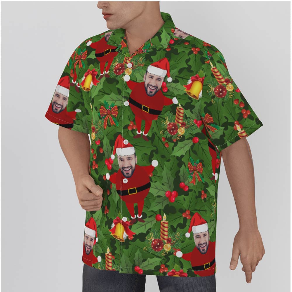 Funny Custom Face Santa Green Tropical Christmas Hawaiian Shirt