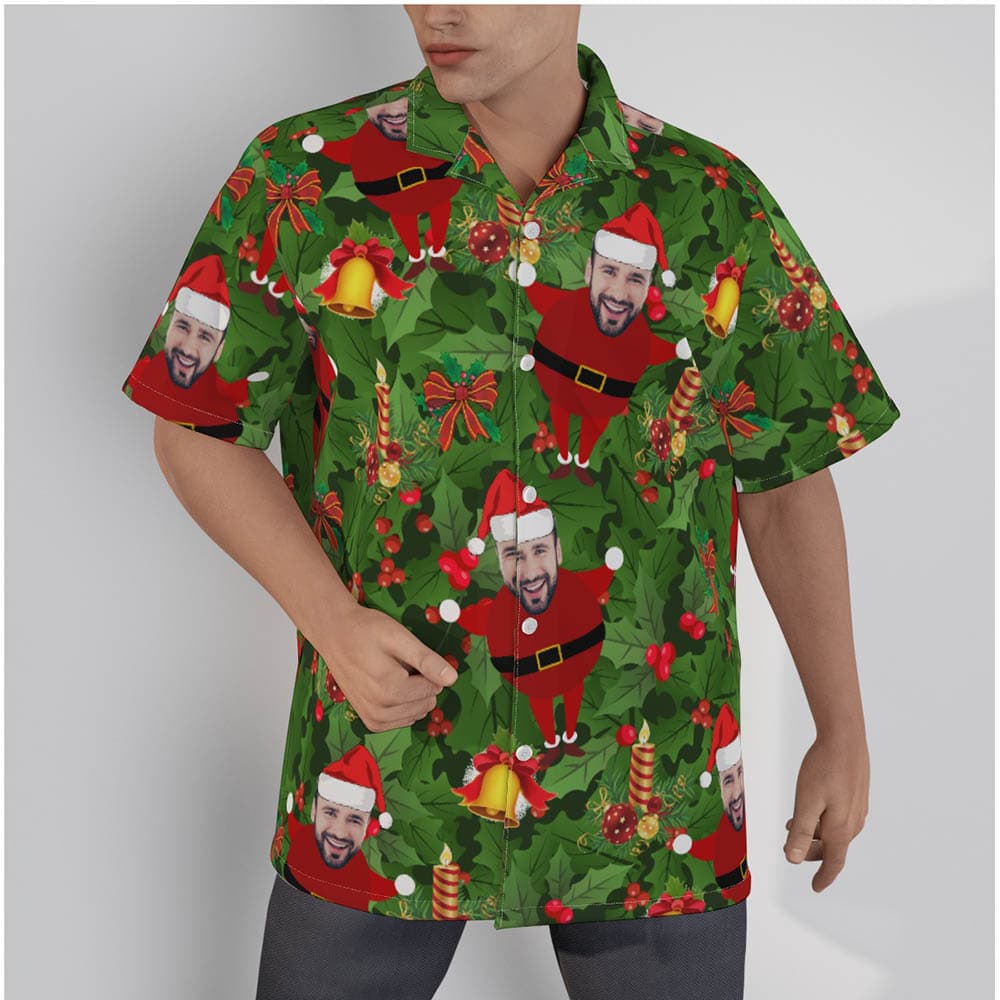 Funny Custom Face Santa Green Tropical Christmas Hawaiian Shirt