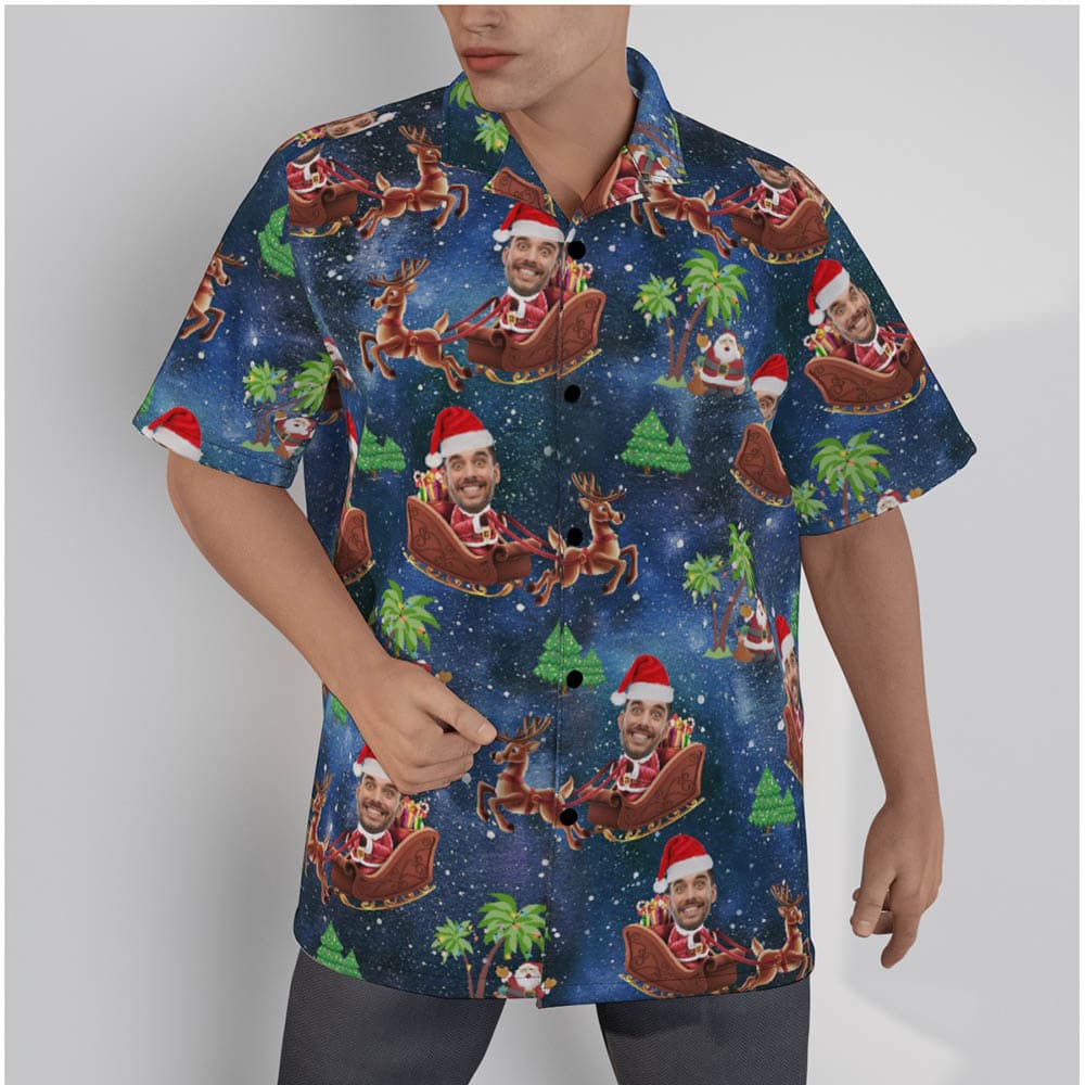 Funny Custom Face Santa Riding Sleigh Christmas Hawaiian Shirt