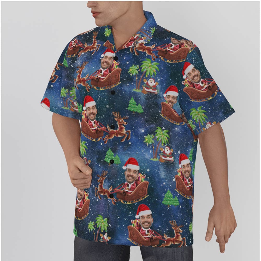 Funny Custom Face Santa Riding Sleigh Christmas Hawaiian Shirt