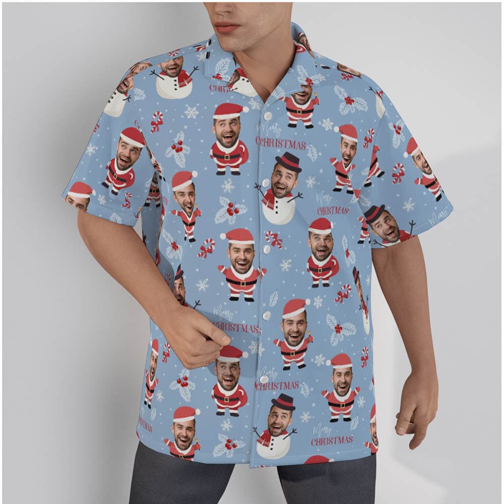 Funny Custom Face Santa Snowman Christmas Blue Hawaiian Shirt