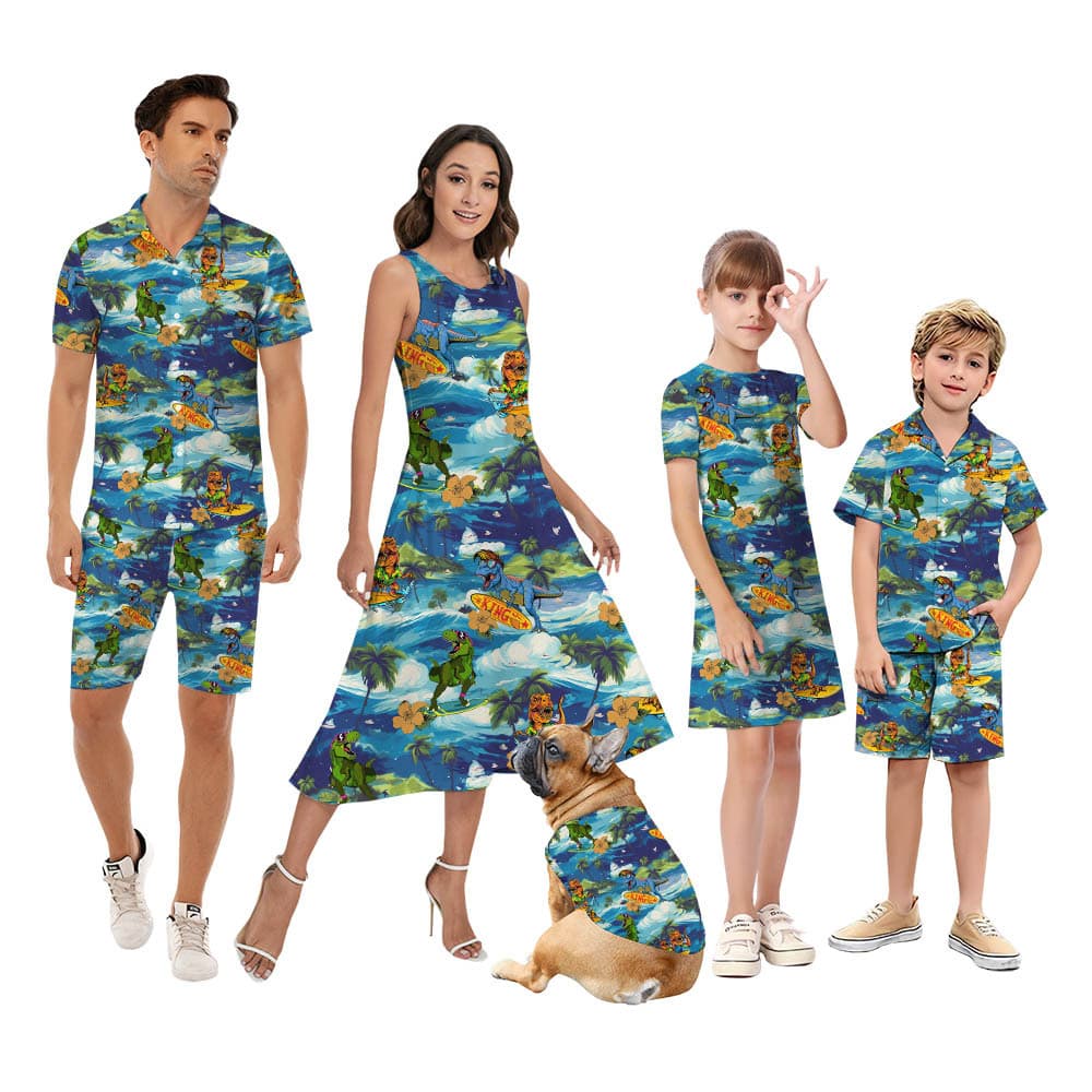 Funny Dinosaur Surfing Tropical Family Matching Hawaiian Outfits
