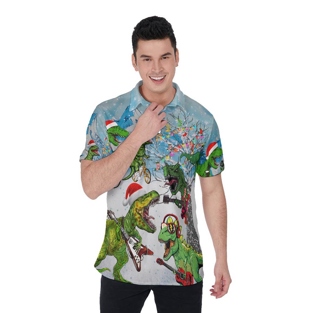 Funny Guitar Dinosaur Christmas Hawaiian Polo Shirt For Men
