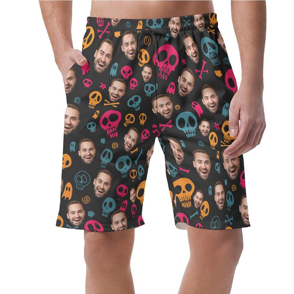 Funny Halloween Skull Custom Face Hawaiian Beach Shorts For Men