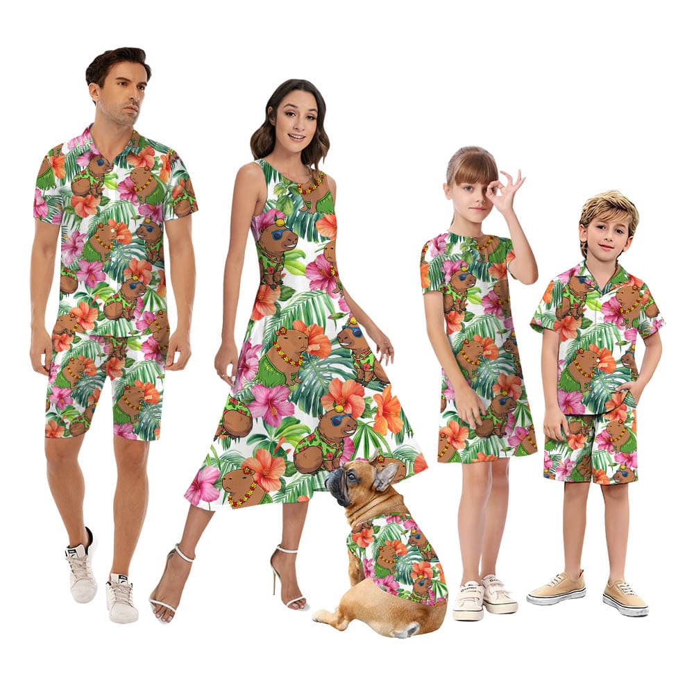 Funny Hula Capybara Hibiscus Matching Family Hawaiian Outfits