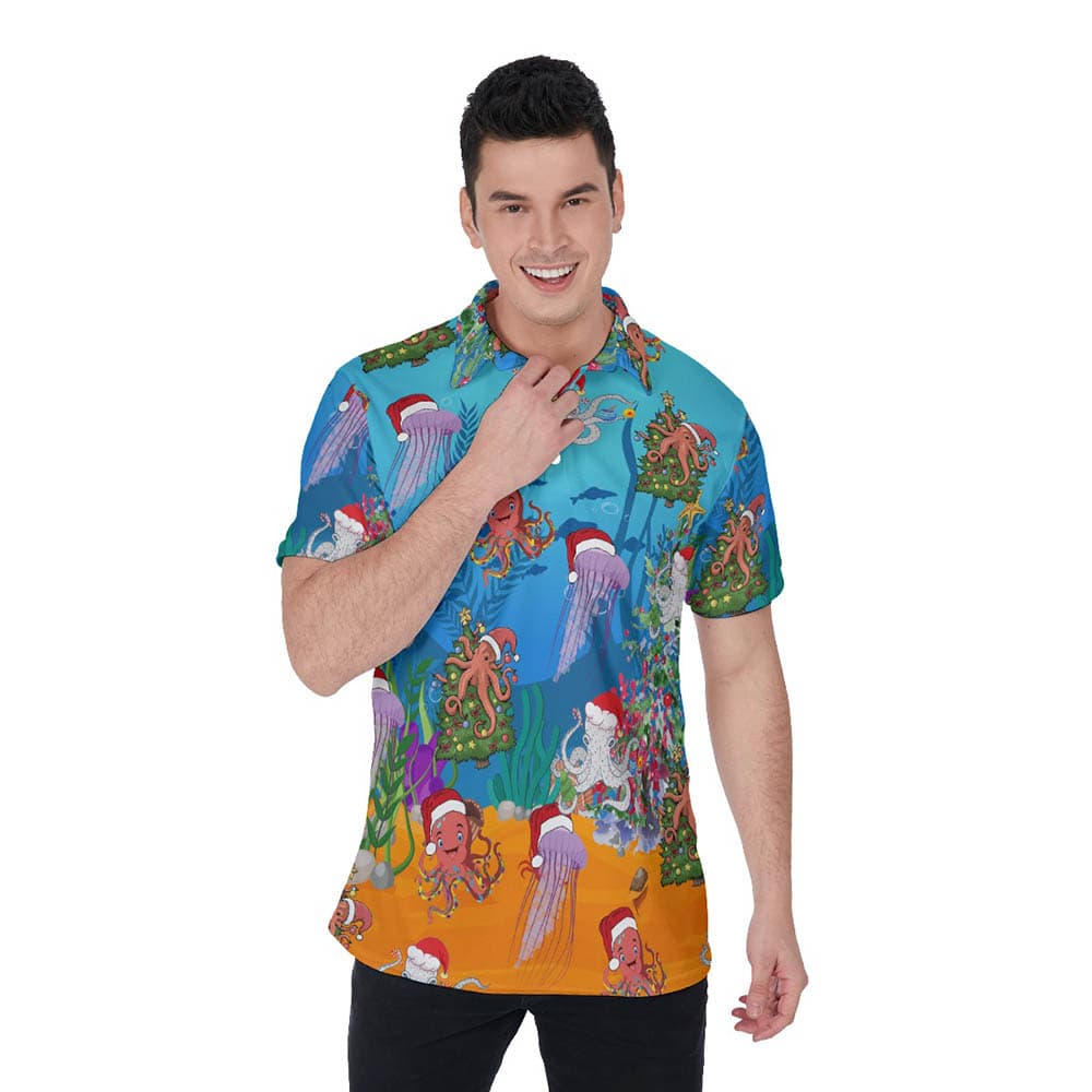 Funny Ocean Octopus Christmas Hawaiian Men's Polo Shirt