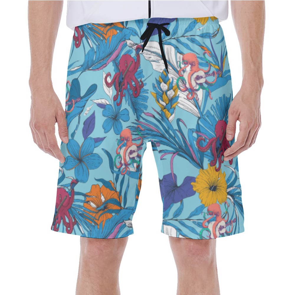 Funny Octopus Guitar Floral Blue Hawaiian Swim Trunks For Men