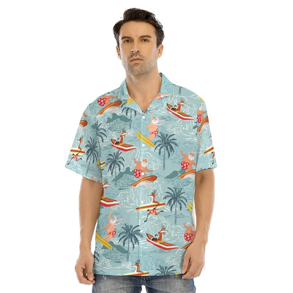 Funny Santa And Reindeer Surfing Tropical Blue Hawaiian Shirt