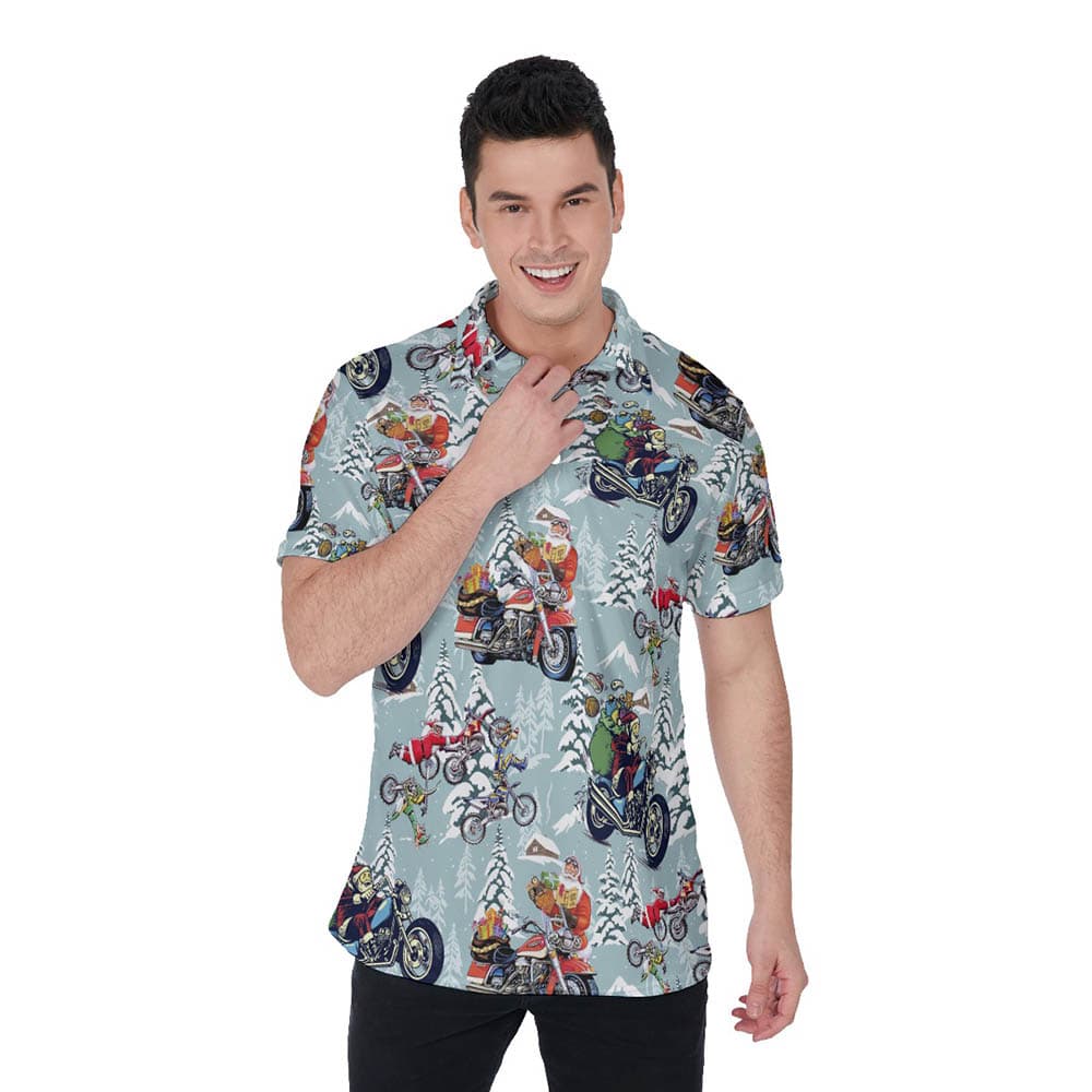 Funny Santa Riding Motorcycle Christmas Hawaiian Polo Shirt For Men