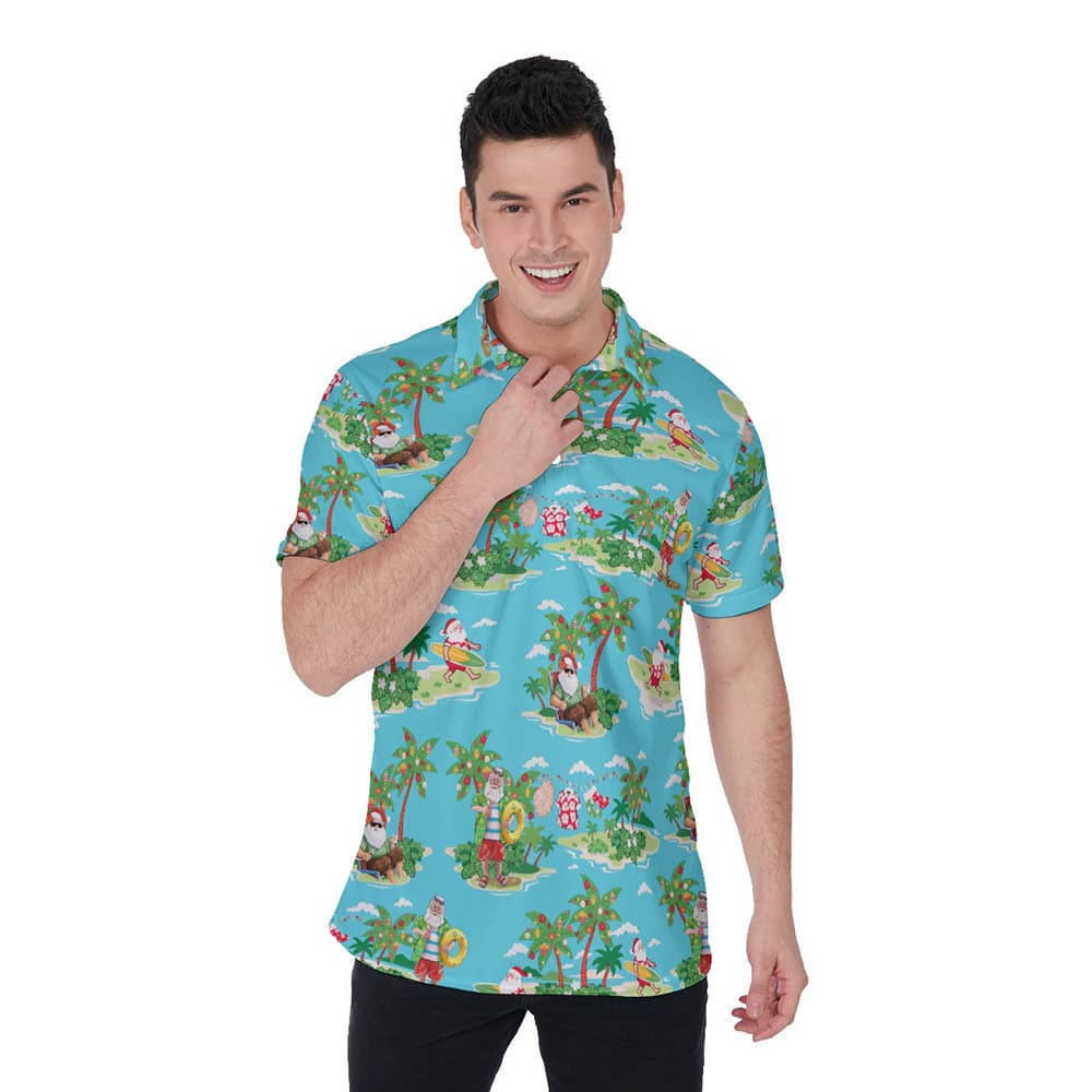Funny Santa Surfing Summer Vacation Hawaiian Polo Shirt For Men