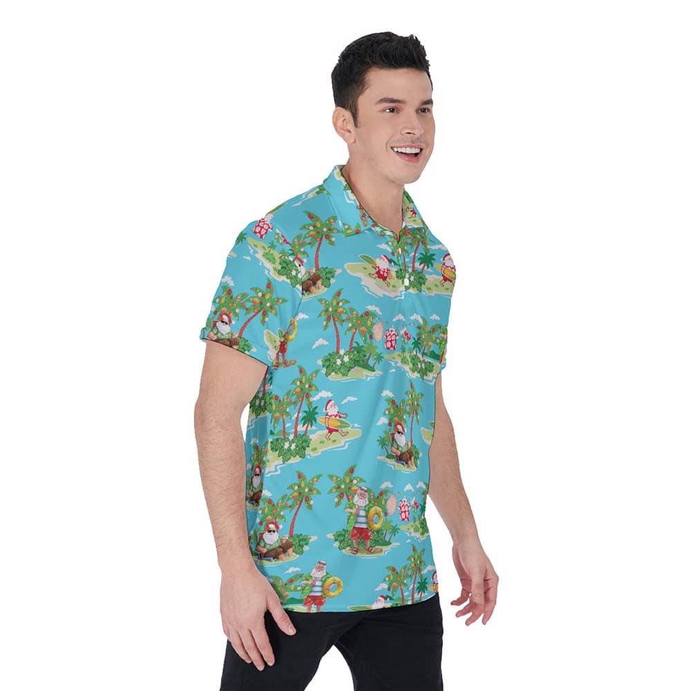 Funny Santa Surfing Summer Vacation Hawaiian Polo Shirt For Men