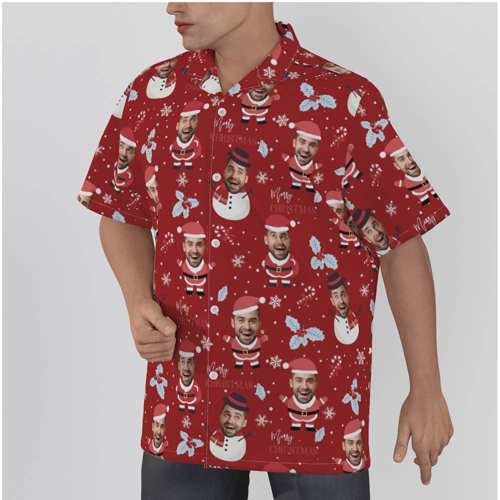Funny Snowman Santa With Custom Face Red Hawaiian Christmas Shirt