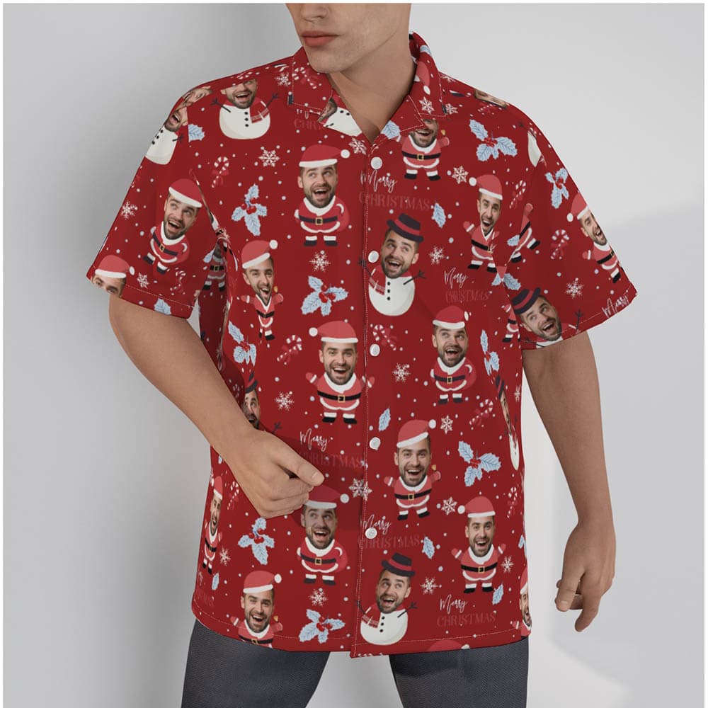 Funny Snowman Santa With Custom Face Red Hawaiian Christmas Shirt