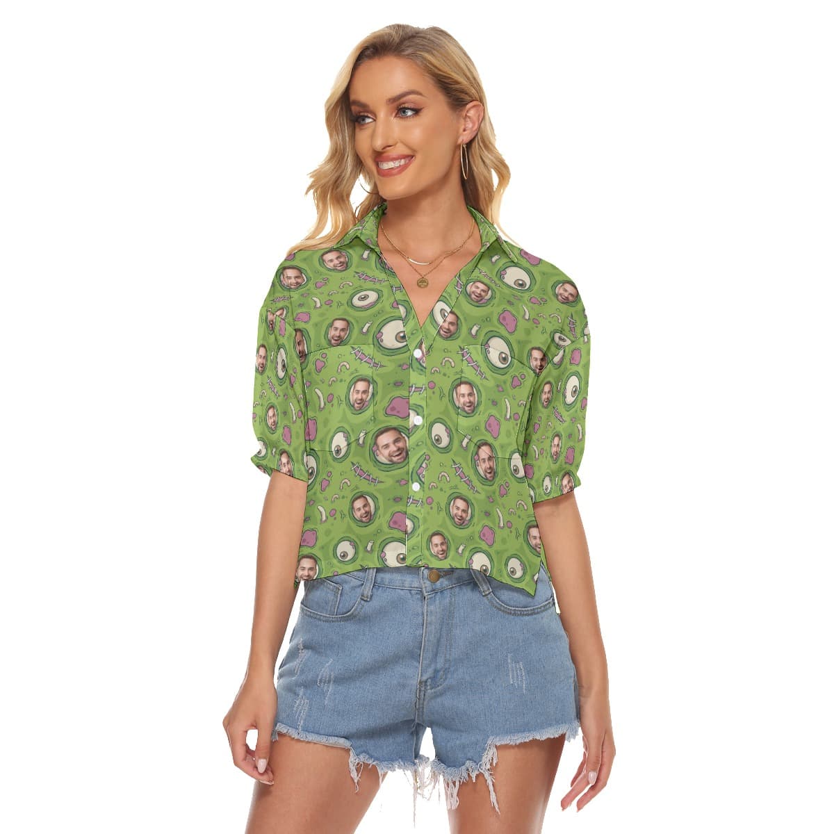 Halloween Creepy Zombie Skin Custom Face Hawaiian Cropped Shirt For Women