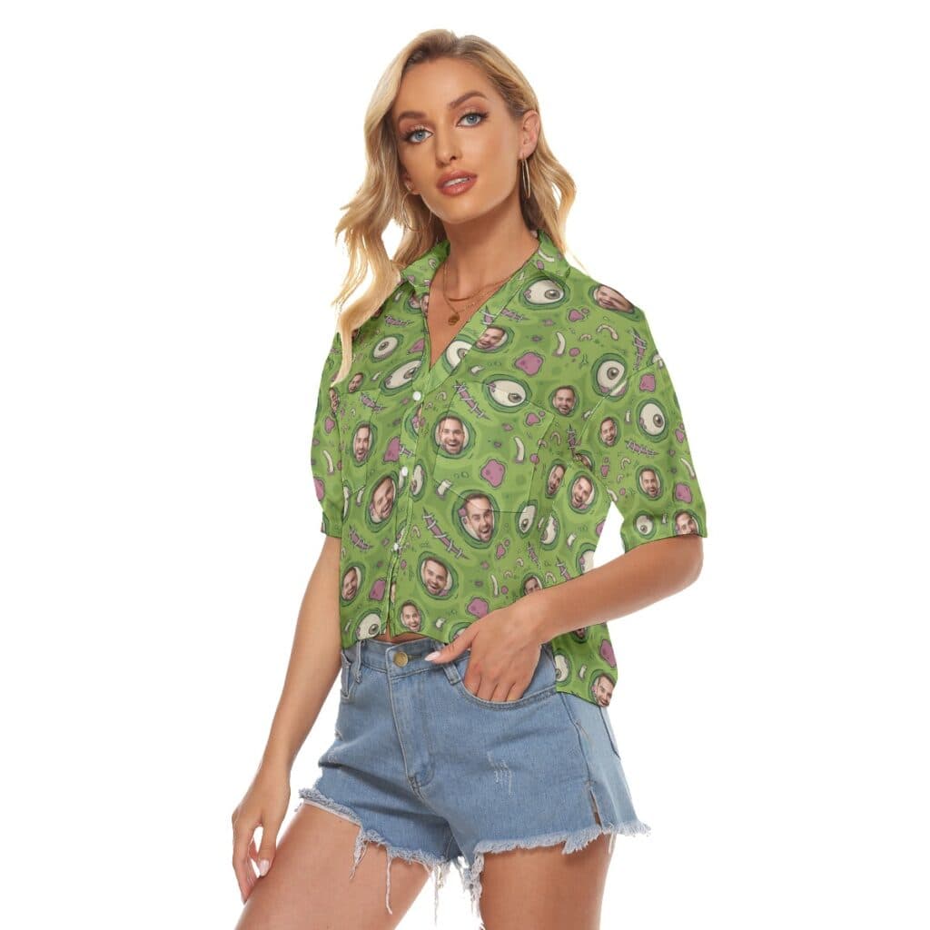 Halloween Creepy Zombie Skin Custom Face Hawaiian Cropped Shirt For Women