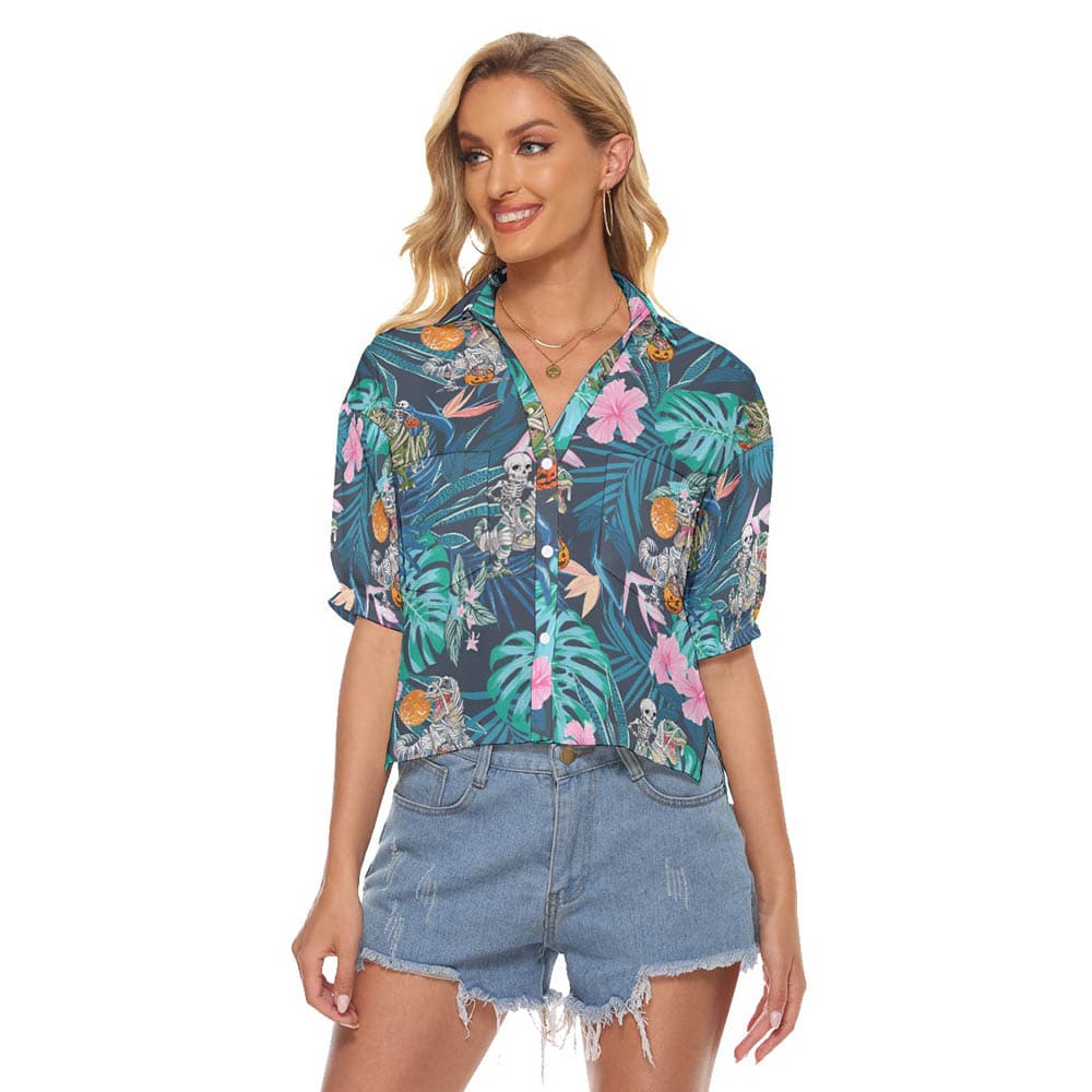 Halloween Dinosaur Mummy Tropical Hawaiian Cropped Shirt For Women