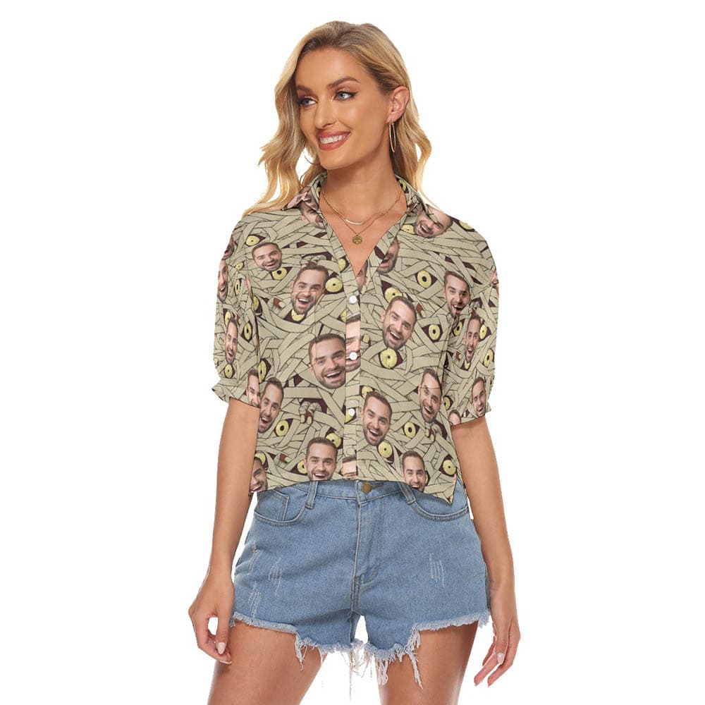 Halloween Mummy Custom Face Hawaiian Cropped Shirt For Women