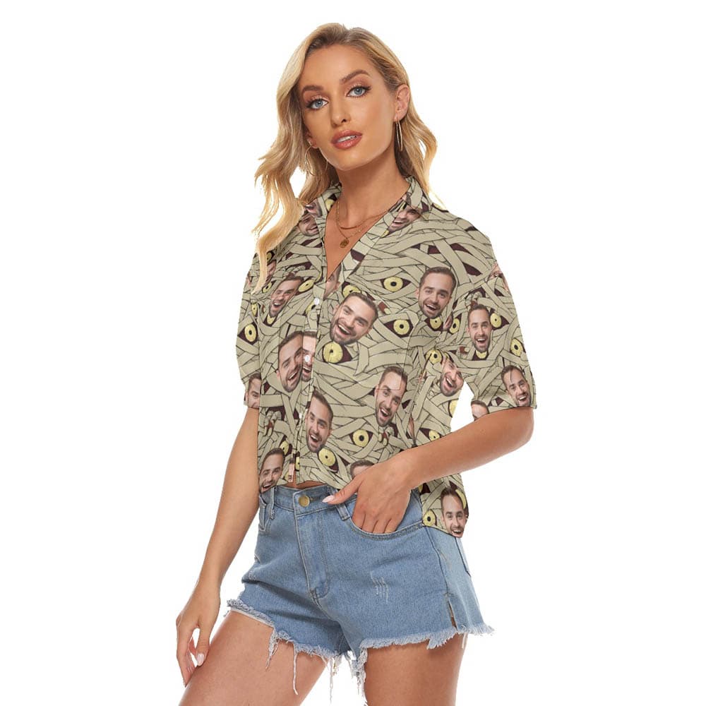 Halloween Mummy Custom Face Hawaiian Cropped Shirt For Women