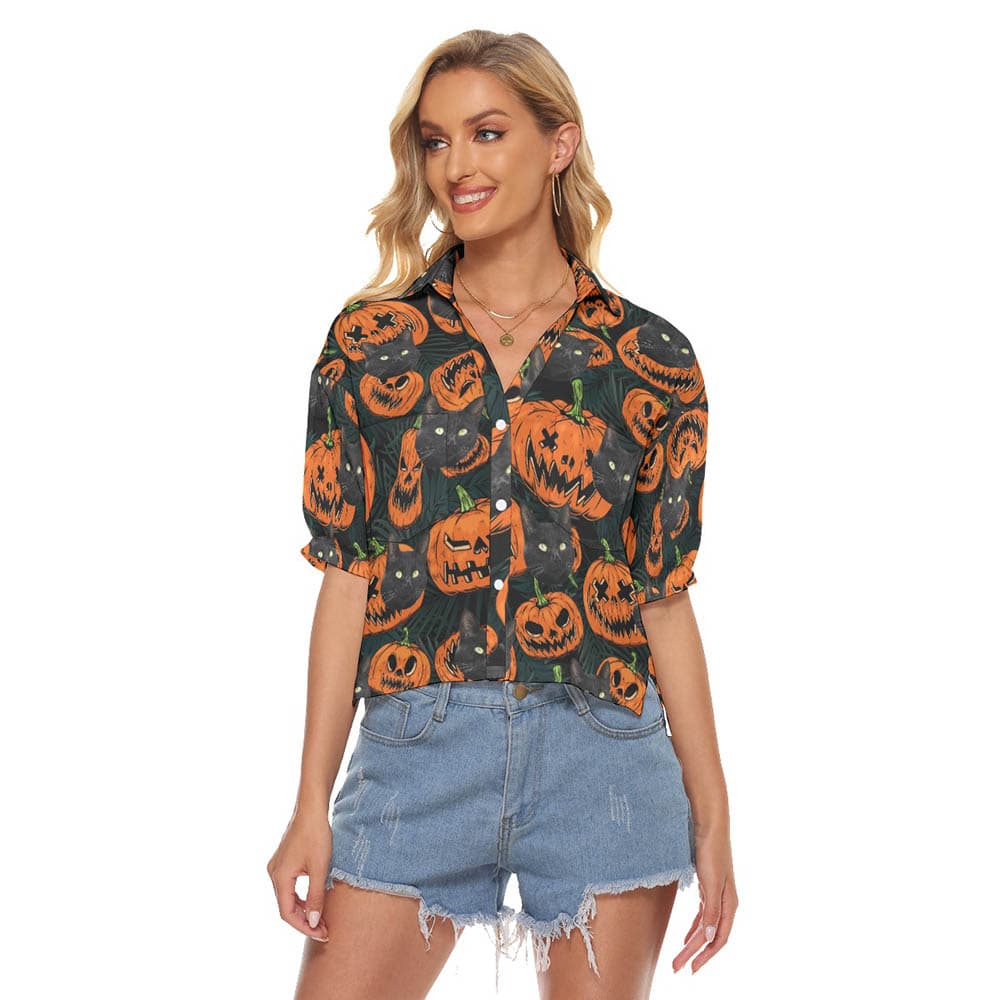 Halloween Pumpkin Custom Cat Face Hawaiian Cropped Shirt For Women