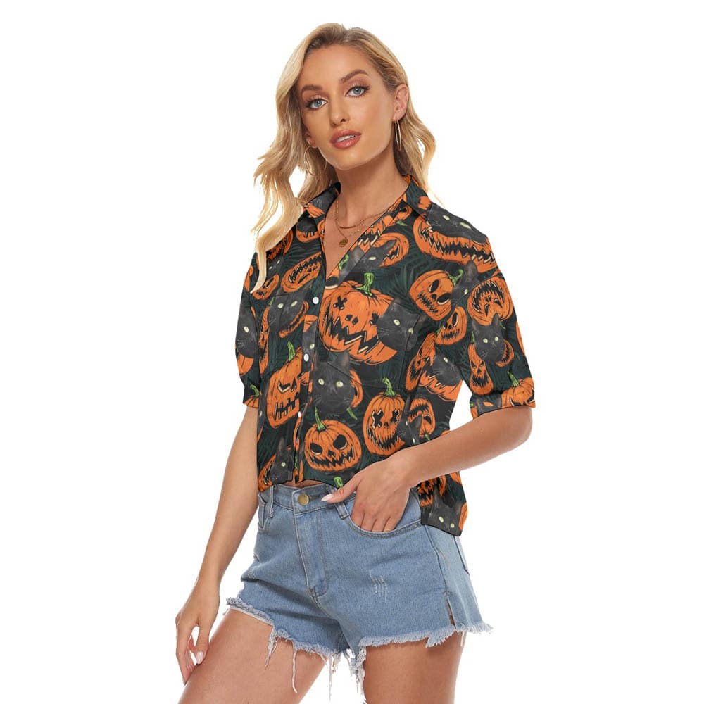 Halloween Pumpkin Custom Cat Face Hawaiian Cropped Shirt For Women