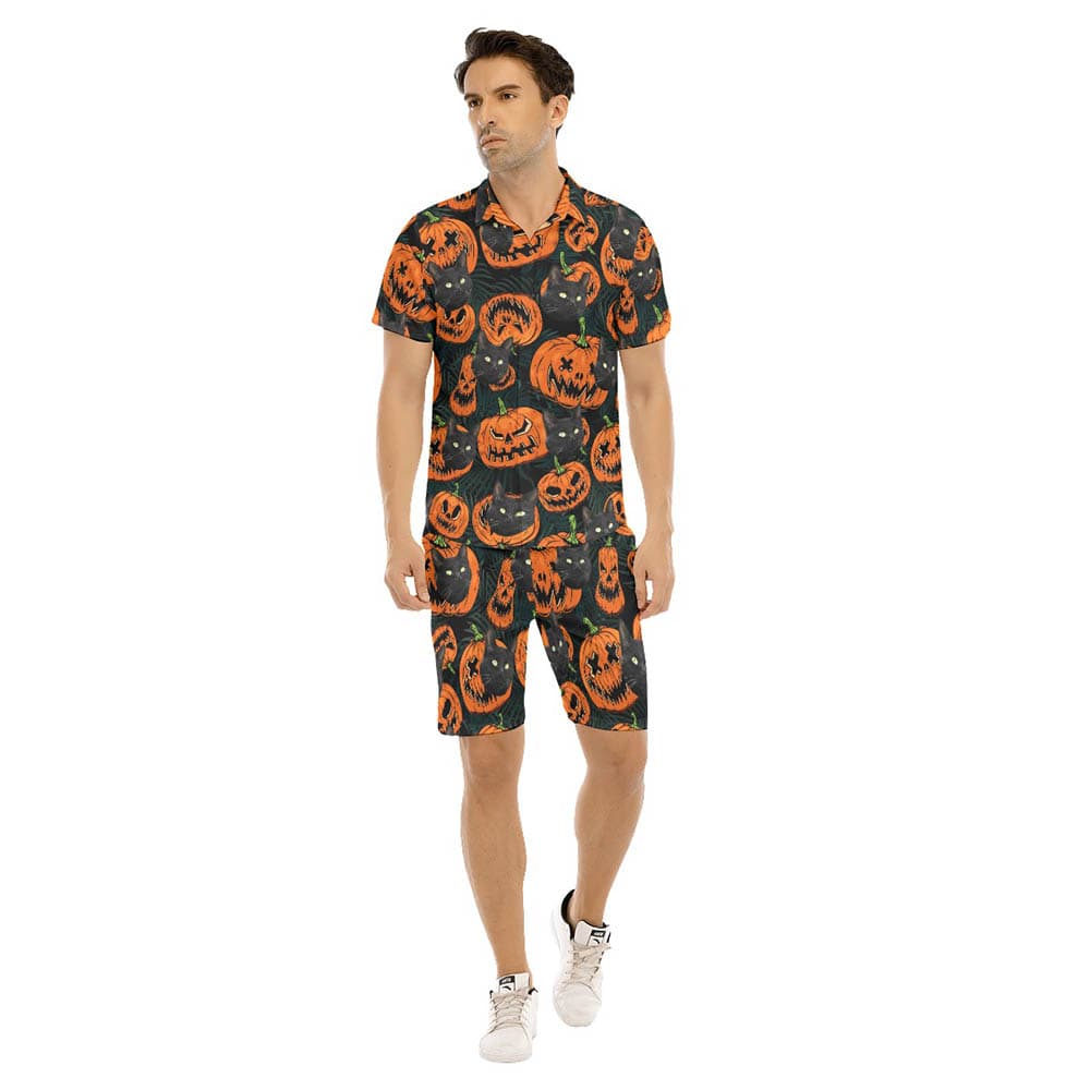 Halloween Pumpkin Custom Cat Face Hawaiian Shirt And Shorts For Men