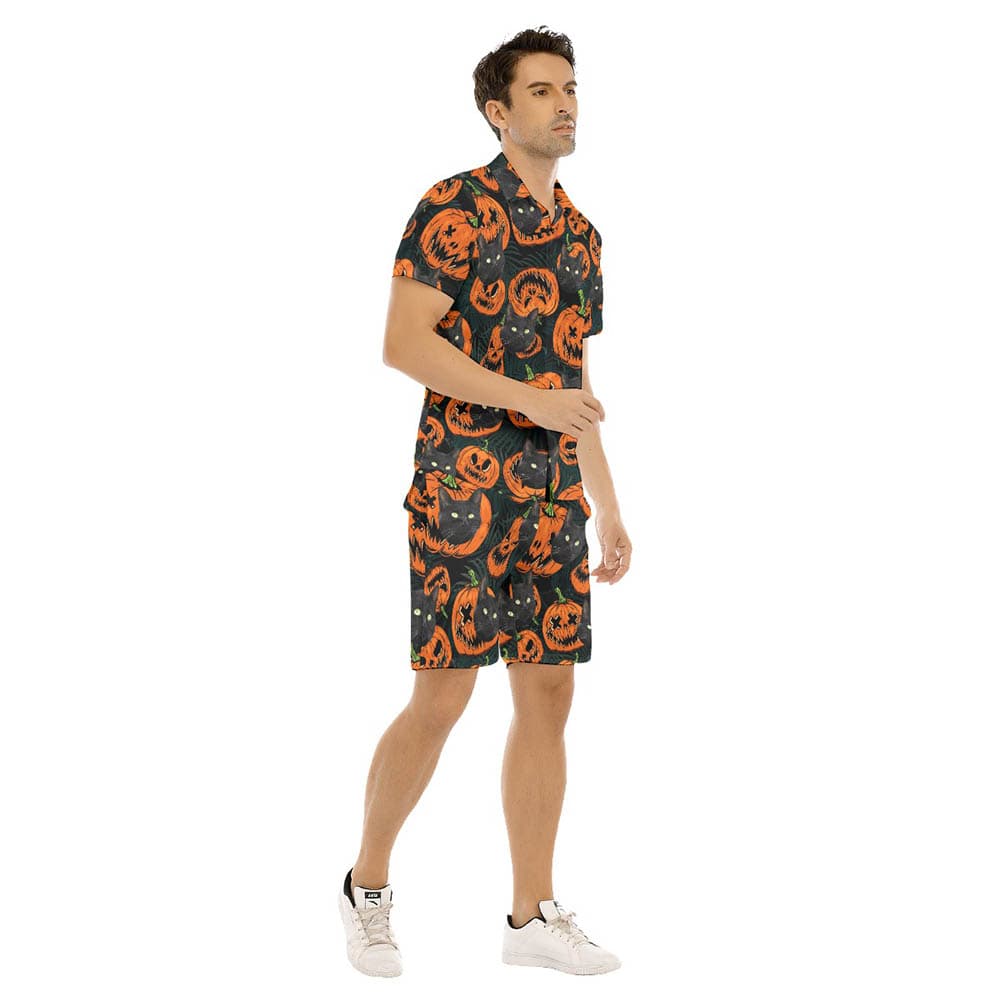 Halloween Pumpkin Custom Cat Face Hawaiian Shirt And Shorts For Men