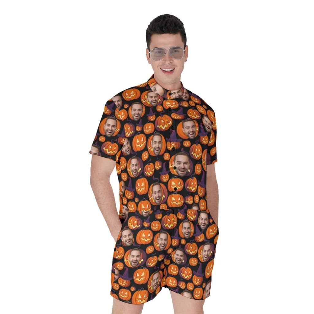 Halloween Pumpkin Custom Face Hawaiian Romper For Men