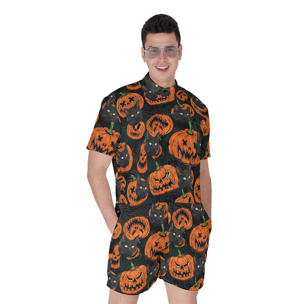Halloween Pumpkin Hawaiian Romper With Cat Face