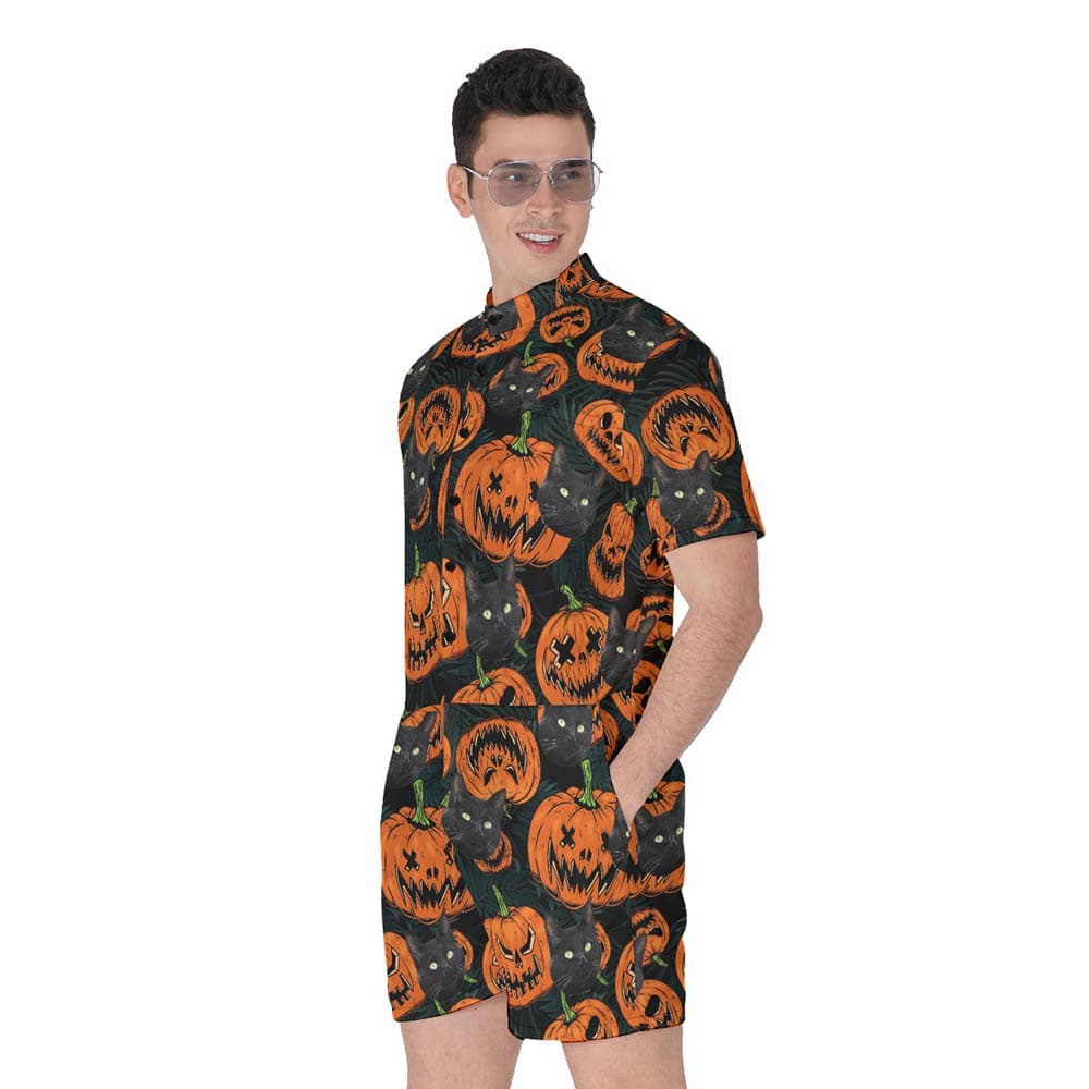 Halloween Pumpkin Hawaiian Romper With Cat Face