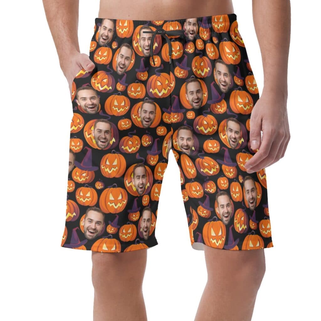 Halloween Scary Pumpkin Custom Face Hawaiian Beach Shorts For Men