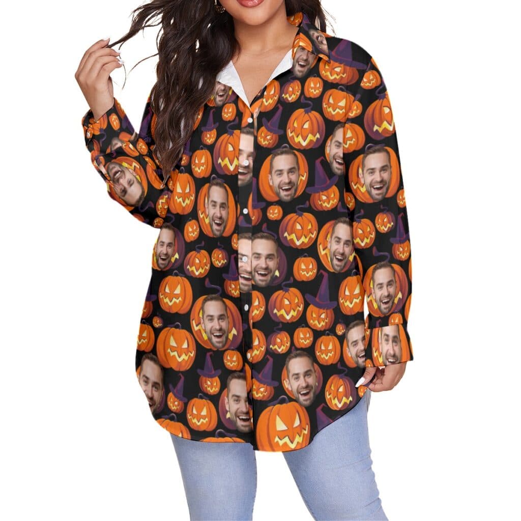 Halloween Scary Pumpkin Custom Face Hawaiian Plus Size Shirt For Women