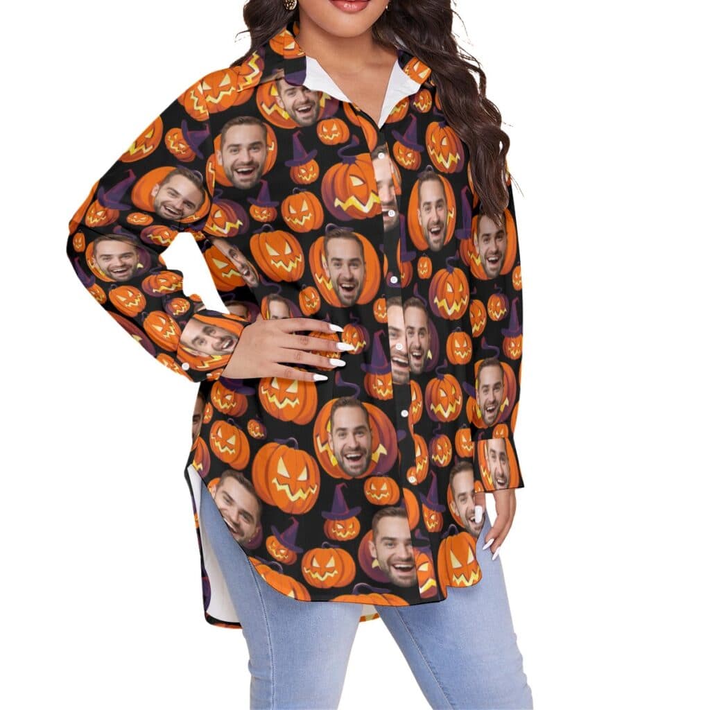 Halloween Scary Pumpkin Custom Face Hawaiian Plus Size Shirt For Women