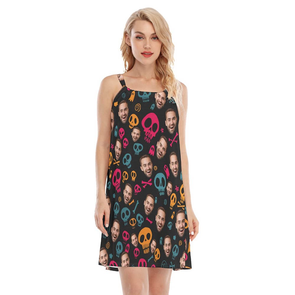 Halloween Skull Custom Face Hawaiian Cami Dress For Women (1)
