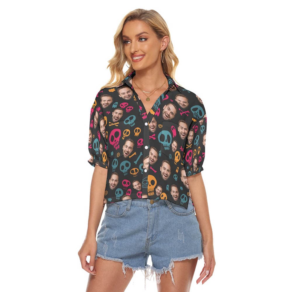 Halloween Skull Custom Face Hawaiian Cropped Shirt For Women (1)