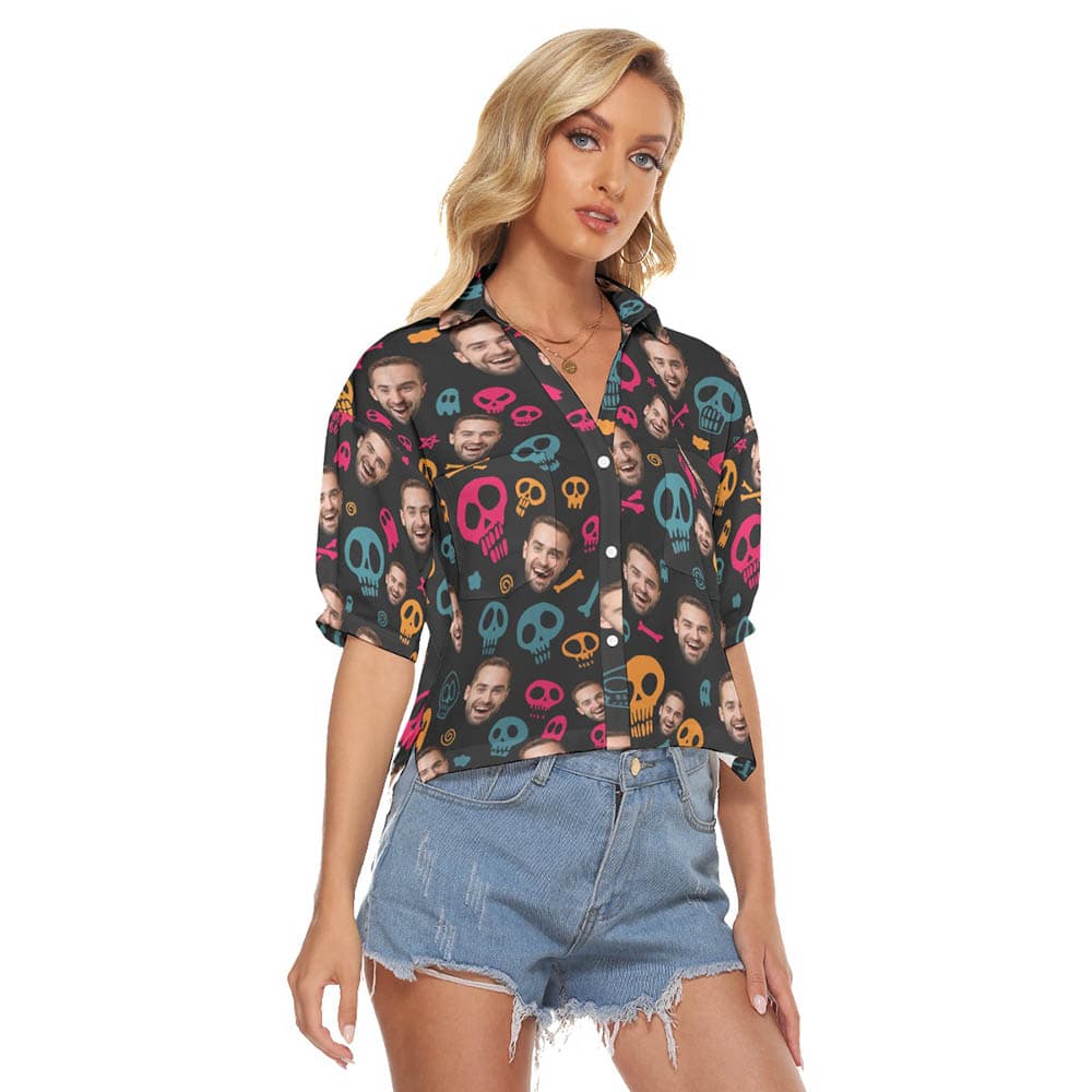 Halloween Skull Custom Face Hawaiian Cropped Shirt For Women