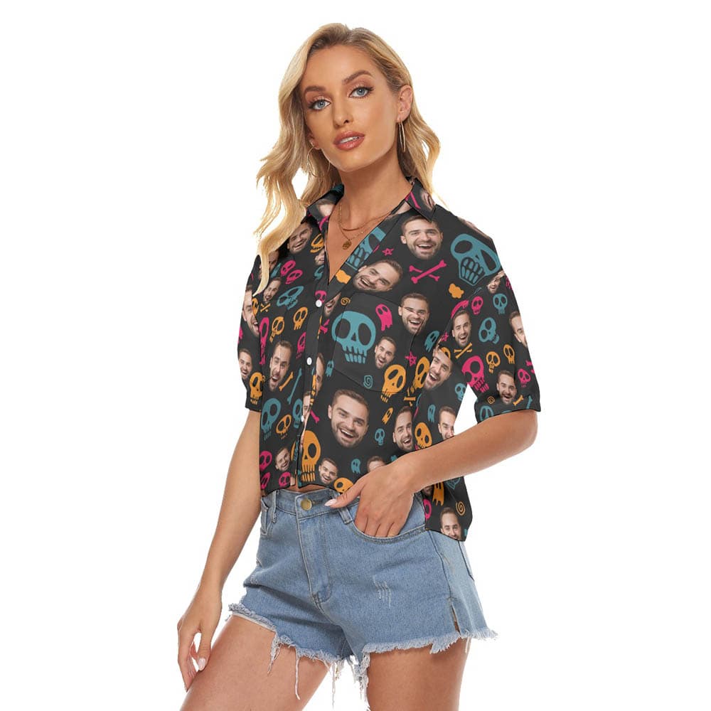 Halloween Skull Custom Face Hawaiian Cropped Shirt For Women