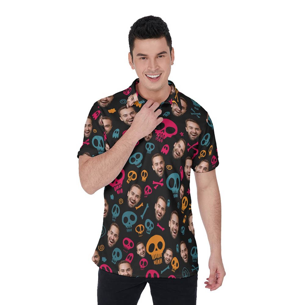 Halloween Skull Hawaiian Polo Golf Shirt With Custom Face