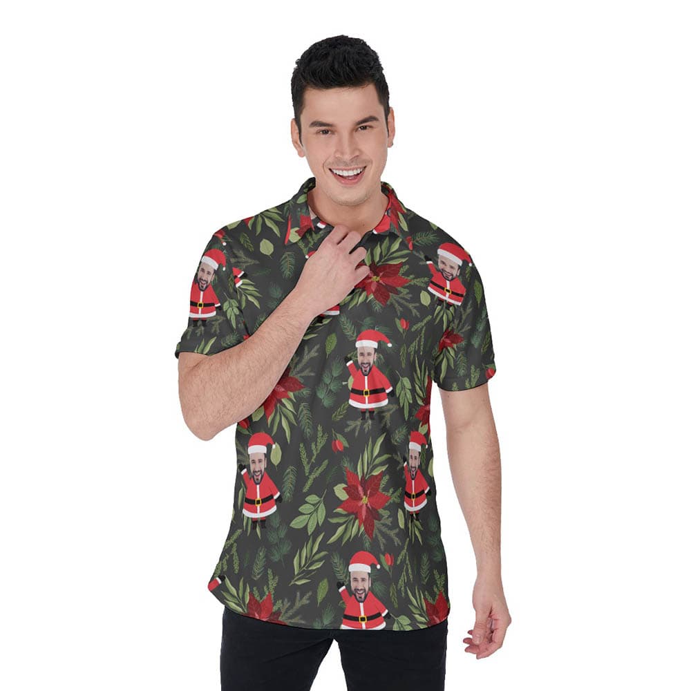 Poinsettia Tropical Santa Hawaiian Polo Shirt With Custom Face